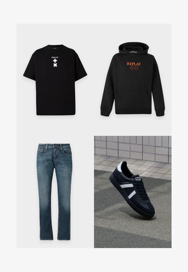 Sort hættetrøje lavet af bomuldsblanding med kengurulomme. Har orange "REPLAY" logo og plus-tegn på fronten.; Sort kortærmet t-shirt lavet af bomuld, med rund hals og hvidt trykt tekst og symboler foran. Simpelt design, ingen mønstre.; Blå denim jeans med lige ben pasform, slidt vask, fem-lomme design og kontrastsyet. Knap og lynlås lukning.; Sort lædersneaker med hvide striber, tekstureret gummisål og snørrebånd foran. Har et brandet mærke på tungen.