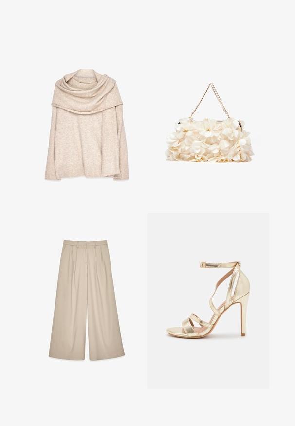 Beige, knitted pullover with a wide, draped neckline, long sleeves, and ribbed cuffs. Soft texture with a subtle heather pattern.; Beige wide-leg trousers with a high waist, featuring front pleats and a smooth texture. Designed for a relaxed fit with a tailored look.; Anna Field High heeled sandals - gold; White floral handbag with a gathered fabric surface, gold-tone chain strap, and metal clasp. Features textured petals for added detail.; Gold bangle bracelet features a smooth, sleek design with five clear rhinestones evenly spaced along the band. Engraved logo within.