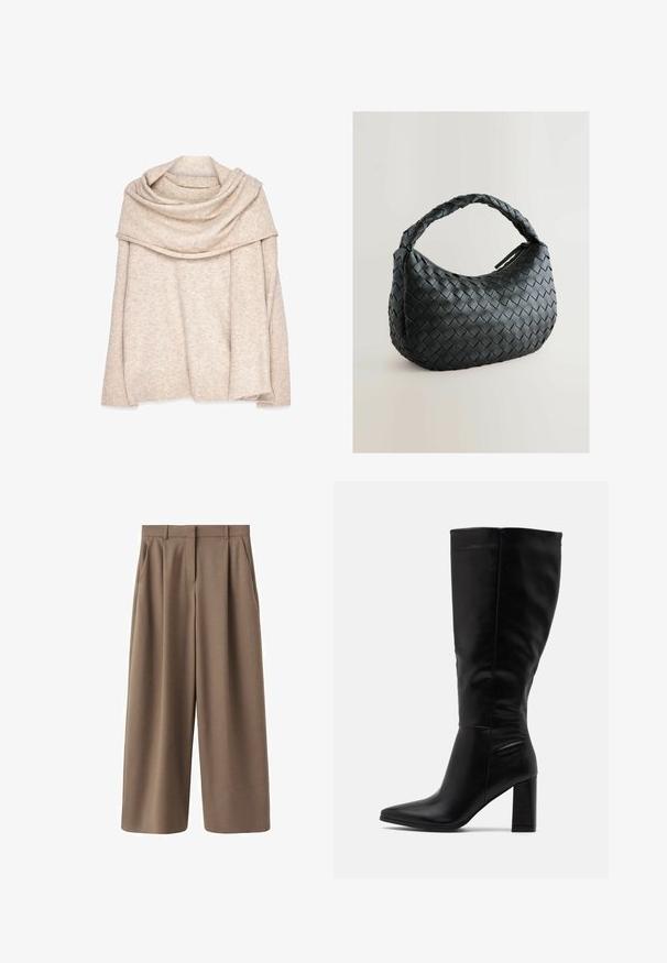 Pull en tricot beige avec un col large et drapé, des manches longues et des poignets côtelés. Texture douce avec un motif chiné subtil.; Pantalons marron à jambe large avec une texture lisse, des plis avant et une taille haute. Dotés d'un design ajusté et de poches latérales.; RAID JORDANN - Bottes à talons hauts - black; Sac à main tissé noir avec une forme arrondie, une surface texturée et une poignée épaisse en tresse. Dispose d'une fermeture éclair pour un rangement sécurisé.; Boucles d'oreilles en métal doré avec un design ondulé ; surface lisse et réfléchissante ; forme asymétrique ; sans motifs ni éléments visibles.