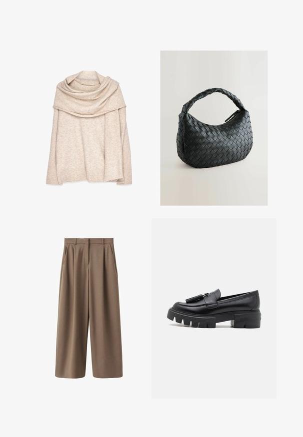 Pullover beige in maglia con scollo ampio e drappeggiato, maniche lunghe e polsini a coste. Tessuto morbido con un leggero motivo mélange.; Pantaloni larghi marroni con una texture liscia, pieghe frontali e vita alta. Presentano un design sartoriale e tasche laterali.; Stuart Weitzman NOLITA TASSEL LOAFER - Scarpe con plateau - black; Borsa a tracolla nera intrecciata con forma arrotondata, superficie testurizzata e una robusta maniglia intrecciata. Dotata di chiusura con zip per una conservazione sicura.; Orecchini metallici dorati con un design ondulato; superficie liscia e riflettente; forma asimmetrica; nessun motivo o hardware visibile.