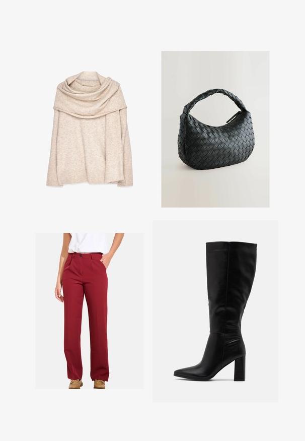 Gaišbrūns, adīts pulovers ar plašu, karājošu dekoltē, garām piedurknēm un ribotām aprocēm. Mīksta tekstūra ar smalku heather rakstu.; Burgundijas bikses ar taisnu kāju dizainu, ar pogas aizdari un sānu kabatām, izgatavotas no gludas auduma ar minimālu tekstūru.; RAID JORDANN - Augstpapēžu zābaki - black; Melna austa rokas soma ar noapaļotu formu, teksturētu virsmu un biezu pinumu rokturi. Aprīkota ar rāvējslēdzēja aizdari drošai uzglabāšanai.; Zelta metāla auskari ar viļņveida dizainu; gluda, atstarojoša virsma; asimetrisks formas; nav redzamu rakstu vai piederumu.