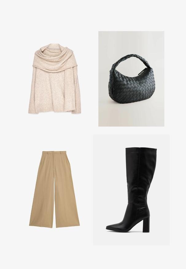 Beige, gebreide pullover met een brede, gedrapeerde halslijn, lange mouwen en geribbelde manchetten. Zachte textuur met een subtiel gemêleerd patroon.; Beige wijde broek gemaakt van een lichtgewicht stof, met twee zijzakken, een platte voorkant en een gladde textuur.; RAID JORDANN - Laarzen met hoge hak - black; Zwarte geweven handtas met een ronde vorm, textuur oppervlak en een dikke gevlochten handgreep. Beschikt over een ritsluiting voor veilige opberging.; Gouden metallic oorbellen met een golvend ontwerp; glad, weerspiegelend oppervlak; asymmetrische vorm; geen zichtbare patronen of hardware.