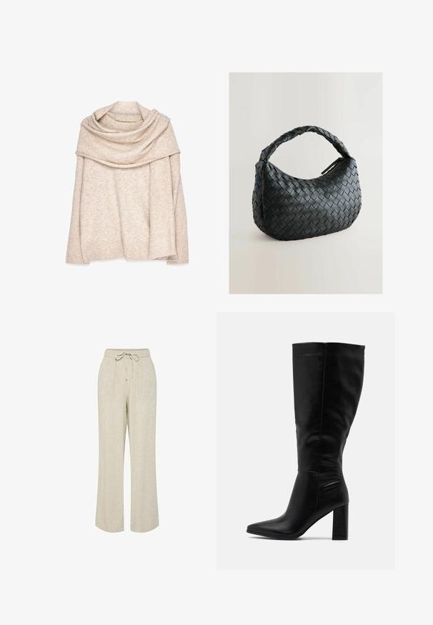 Beige, gebreide pullover met een brede, gedrapeerde halslijn, lange mouwen en geribbelde manchetten. Zachte textuur met een subtiel gemêleerd patroon.; Lichtbeige linnenbroek met een relaxte pasvorm, voorzien van een elastische tailleband en verstelbaar trekkoord, rechte benen en een zachte textuur.; RAID JORDANN - Laarzen met hoge hak - black; Zwarte geweven handtas met een ronde vorm, textuur oppervlak en een dikke gevlochten handgreep. Beschikt over een ritsluiting voor veilige opberging.