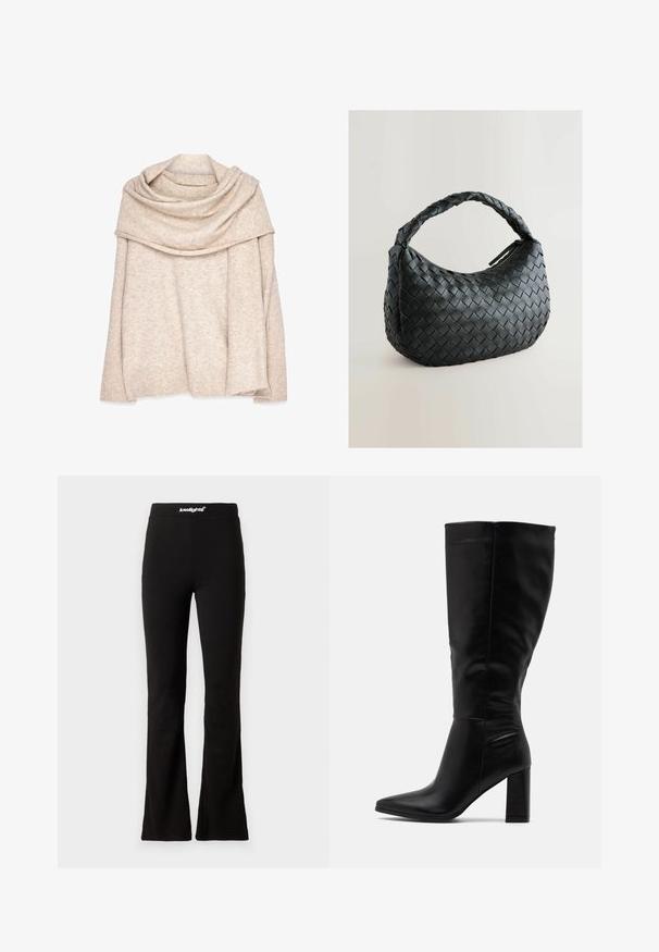 Beige, neulottu villapaita, jossa on leveä, roikkuva kaula-aukko, pitkät hihat ja resorit hihansuissa. Pehmeä rakenne, jossa on hienovarainen heather-kuvio.; Mustat levenevät leggingsit, joissa on sileä pinta ja joustava vyötärö, jossa on valkoinen logo. Suunniteltu mukavuutta ja joustavuutta varten.; RAID JORDANN - Korolliset saappaat - black; Mustakudottu käsilaukku, jossa on pyöreä muoto, tekstuuri pinta ja paksu punottu kahva. Varustettu vetoketjulla turvallista säilytystä varten.; Kultaiset metalliset korvakorut, joissa on aaltoileva muotoilu; sileä, heijastava pinta; epäsymmetrinen muoto; ei näkyviä kuvioita tai mekanismeja.