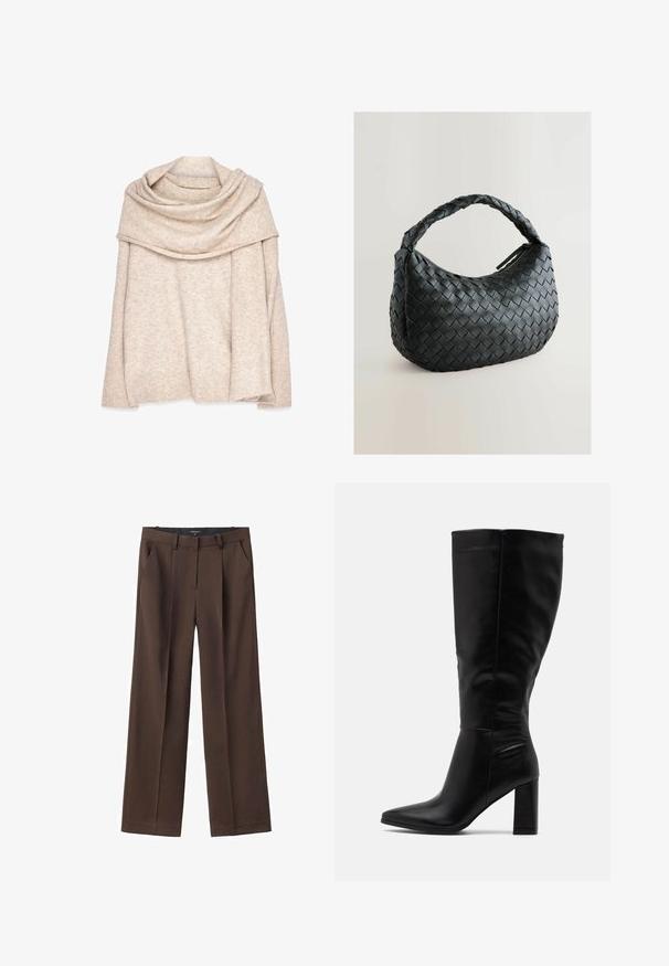 Pullover beige in maglia con scollo ampio e drappeggiato, maniche lunghe e polsini a coste. Tessuto morbido con un leggero motivo mélange.; Pantaloni larghi marroni con pieghe frontali, passanti per cintura e tasche laterali. Realizzati in tessuto morbido con un design sartoriale.; RAID JORDANN - Stivali con i tacchi - black; Borsa a tracolla nera intrecciata con forma arrotondata, superficie testurizzata e una robusta maniglia intrecciata. Dotata di chiusura con zip per una conservazione sicura.; Orecchini metallici dorati con un design ondulato; superficie liscia e riflettente; forma asimmetrica; nessun motivo o hardware visibile.