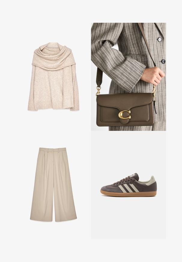 Beige, stickad tröja med bred, draperad halsringning, långa ärmar och ribbade muddar. Mjuk textur med ett subtilt melerat mönster.; Beige vida byxor med hög midja, framtill med veck och en slät textur. Designade för en avslappnad passform med en skräddarsydd look.; Brun lädersneaker med tre ljusa ränder, gummisula, rund tå och texturerade mockadetaljer på häl och tå.; COACH TABBY SHOULDER BAG 26 - Handväska - dark stone