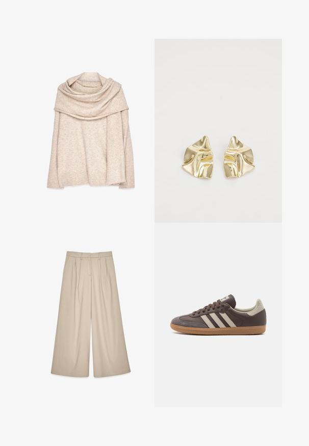 Suéter beige de punto con un amplio escote drapeado, mangas largas y puños acanalados. Textura suave con un sutil patrón jaspeado.; Pantalones de pierna ancha color beige con una cintura alta, que presentan pliegues en la parte delantera y una textura suave. Diseñados para un ajuste relajado con un aspecto a medida.; Zapatilla de cuero marrón con tres rayas de color claro, suela de goma, puntera redondeada y acentos de ante texturizados en el talón y la punta.; Pendientes metálicos dorados con un diseño ondulado; superficie lisa y reflectante; forma asimétrica; sin patrones o elementos visibles.