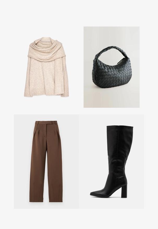 Béžový pletený pulóver so širokým, záhybovým výstrihom, dlhými rukávmi a rebrovanými manžetami. Mäkka textúra s jemným melírovým vzorom.; Hnedé nohavice vyrobené z hladkej látky, s vysokým pásom, prednými skladmi a uvoľneným strihom. Obsahujú bočné vrecká a zúžené nohavice.; RAID JORDANN - Topánky na vysokom opätku - black; Čierna tkaná kabelka zaobleného tvaru, s textúrovaným povrchom a hrubým pleteným uchom. Obsahuje zips pre bezpečné uloženie.; Zlaté kovové náušnice s vlnitým dizajnom; hladký, reflexný povrch; asymetrický tvar; žiadne viditeľné vzory alebo hardvér.