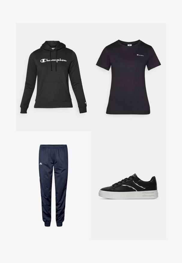 Zwarte hoodie van zacht materiaal met een voorzak, trekkoorden en een opvallend wit "Champion" logo op de borst.; Zwarte korte mouwen t-shirt van katoen, met een klein geborduurd logo op de borst. Klassiek crewneck ontwerp met een zachte textuur.; Marineblauwe sportbroek met elastische tailleband, manchetten aan de enkels en wit Kappa-logo op de bovenste linkerkant van het been.; Zwarte leren sneaker met witte zool, voorzien van dunne zilveren accenten en een vetersluiting. Gladde textuur met merkdetails op de hiel.