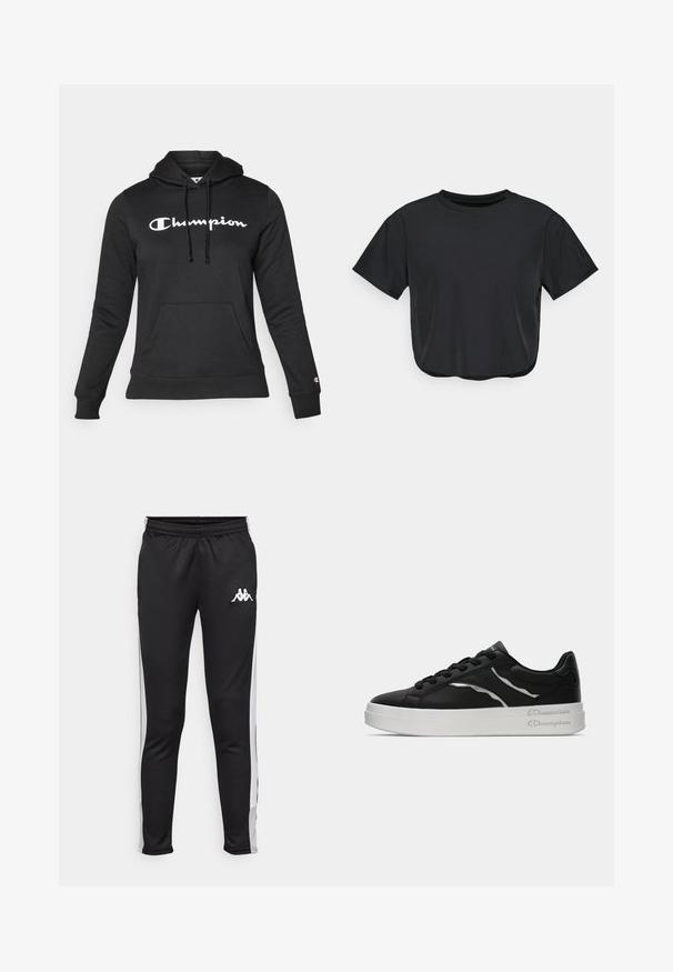 Moletom preto feito de tecido macio, com um bolso frontal, cordões ajustáveis e um grande logotipo branco "Champion" no peito.; T-shirt cropped preto feito de material suave, com decote redondo, mangas curtas e um corte descontraído. Detalhes de costura subtis.; Calças de desporto pretas com riscas brancas nas laterais, cintura elástica e um pequeno logótipo branco no quadril esquerdo. Textura suave, design ajustado.; Sapatilha de couro preta com sola branca, apresentando finos realces em prata e design com atacadores. Textura suave com detalhamento de marca na parte de trás.