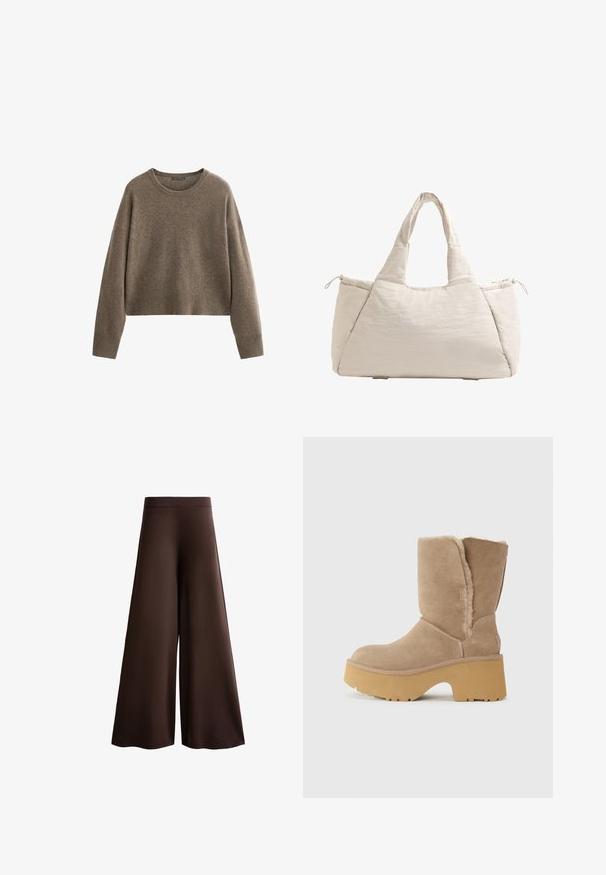 Brązowy krótki sweter wykonany z miękkiego materiału, z okrągłym dekoltem oraz ściągaczami na mankietach i u dołu. Prosty, strukturalny wzór z długimi rękawami.; Brązowe szerokie spodnie wykonane z miękkiej tkaniny, z wysokim stanem, subtelną teksturą oraz płynną sylwetką bez widocznych zapięć czy ozdób.; Beżowe zamszowe botki do połowy łydki z grubą żółtą platformą, z miękką, teksturowaną podszewką i zaokrąglonym noskiem. Gładka powierzchnia zewnętrzna.; Beżowa pikowana torba na ramię z dwoma uchwytami, zaokrąglonym kształtem, teksturowanym materiałem i boczną kieszenią ze sznurkiem. Gładkie wykończenie, minimalistyczny design.