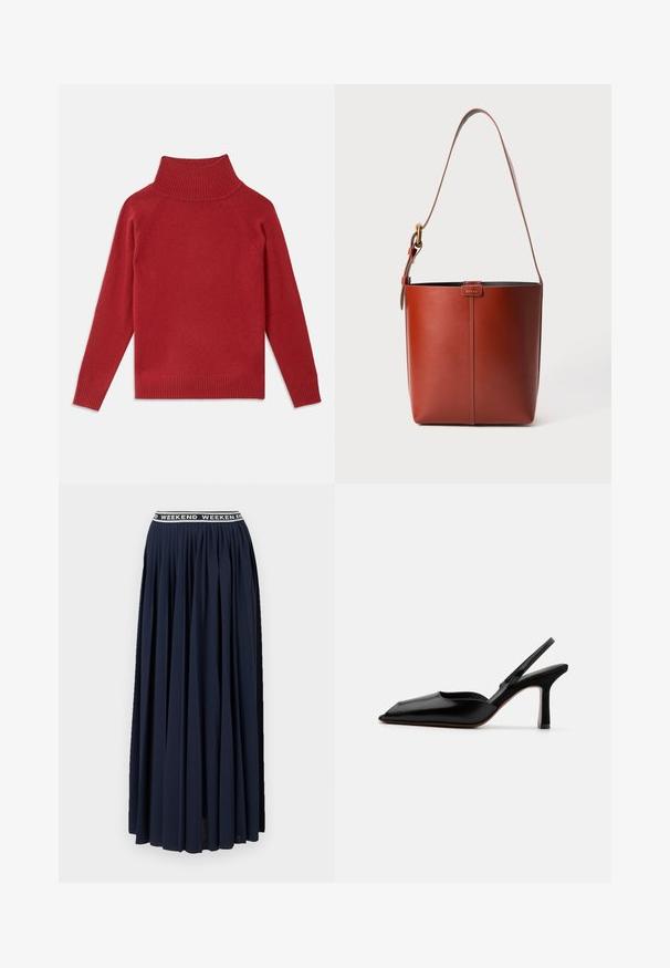 Czerwony sweter z golfem wykonany z miękkiej dzianiny. Posiada prążkowany kołnierz i mankiety, luźny krój oraz bezszwowe ramiona.; WEEKEND MaxMara BLEU niebieski; Czarne skórzane czółenka typu slingback z wąskim noskiem, minimalistyczny design, cienki pasek wokół kostki i elegancka szpilka. Gładka tekstura.; Brązowa skórzana torebka w kształcie wiadra z regulowanym paskiem na ramię i złotą klamrą, prosta pionowa szew na przodzie.