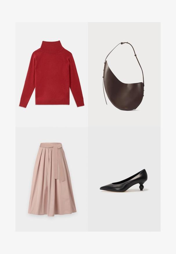 Červený rolák vyrobený z měkké pleteniny. Obsahuje žebrovaný límec a manžety, má volný střih a bezproblémová ramena.; Růžová midi sukně z pevné látky, se sklady, zavázaným pasem a siluetou do A. Hladký povrch bez viditelných vzorů.; Černá kožená vysoká bota na podpatku s špičatou špičkou a kulatým, zaobleným podpatkem. Hladká textura s elegantním, minimalistickým designem.; Hnědá kožená kabelka s zakřiveným tvarem, jedním popruhem a minimalistickým designem. Obsahuje nenápadné logo a zlaté kovové prvky.