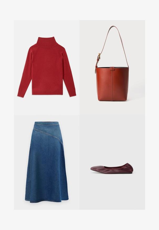 Punainen kaulahuivi, joka on valmistettu pehmeästä neuloksesta. Siinä on ribbireunat kauluksessa ja hihansuissa, rento istuvuus ja saumaton olkalinja.; Tummansinisestä denimistä valmistettu A-linjainen hame, jossa on korkea vyötärö, vinot saumat ja levenevä helma rentoa istuvuutta varten.; Ballet flatti tumman burgundin värisessä nahassa, jossa on pyöreä kärki, venytettävä reuna ja sileä pinta, jossa on hienovaraisia laskosyksityiskohtia.; Ruskea nahkainen ämpärilaukku, jossa on säädettävä olkahihna ja kultasävyinen solki, yksinkertainen pystysaumadesign etuosassa.