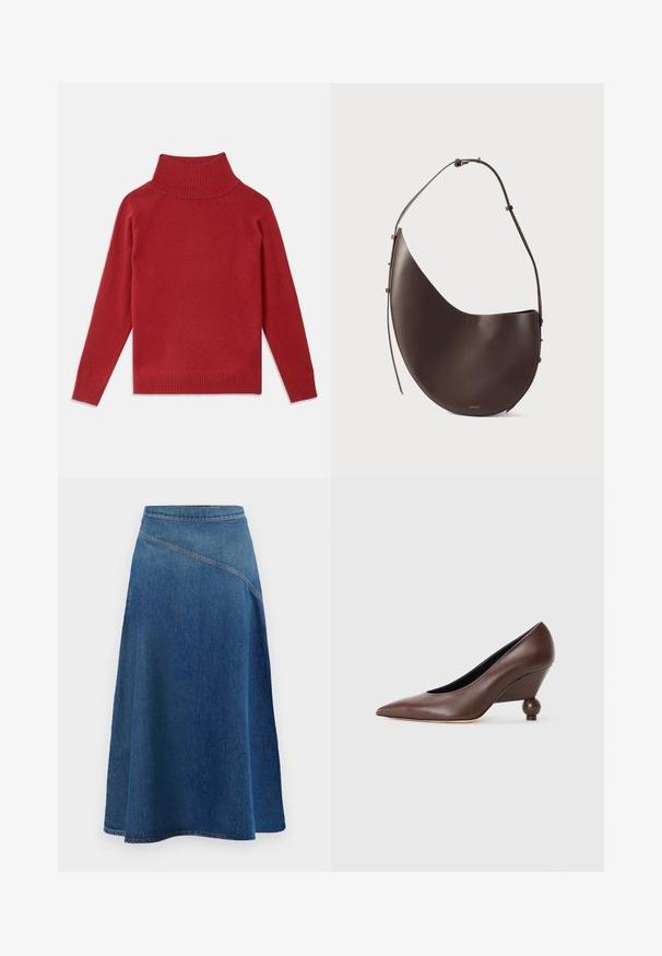 Suéter rojo de cuello alto hecho de un suave tejido de punto. Presenta un cuello y puños acanalados, con un corte relajado y hombros sin costuras.; Falda en línea A de mezclilla en azul oscuro, con cintura alta, detalle de costura diagonal y dobladillo acampanado para un ajuste relajado.; Zapato de cuña de piel marrón con punta afilada y tacón redondeado en forma de bola. Textura suave con un diseño sencillo y acentos mínimos.; Bolso de cuero marrón con forma curva, correa única y diseño minimalista. Presenta un logotipo sutil y acentos en dorado.