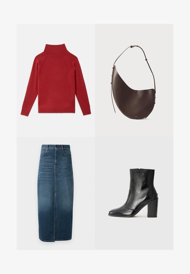 Pull à col roulé rouge en tricot doux. Présente un col et des poignets côtelés, avec une coupe décontractée et des épaules sans couture.; Jupe midi en denim indigo foncé, avec une fente avant et une légère décoloration. Design classique à cinq poches avec fermeture à bouton métallique.; Bottine en cuir noir, avec une texture lisse, un bout pointu et un talon chunky haut. Présente une ouverture sur le côté et un design minimaliste.; Sac à main en cuir brun avec une forme incurvée, une seule sangle et un design minimaliste. Présente un logo subtil et des accents en hardware doré.