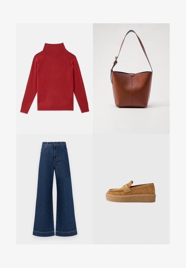 Sweater vermelho de gola alta feito de um suave tecido de malha. Apresenta colarinho e punhos canelados, com um corte descontraído e ombros sem costura.; Jeans azul de perna larga com cintura alta, apresentando um fecho de botão, passantes para cinto e detalhes de costura discretos ao longo dos bolsos e das bainhas.; Sandalho de camurça castanho com bico redondo, apresentando uma sola plataforma ribeteada e uma faixa decorativa na parte superior.; Bolsa de ombro castanha em couro, com um formato curvado, textura suave e uma única alça fina. Apresenta uma costura subtil e um pequeno detalhe do logo.