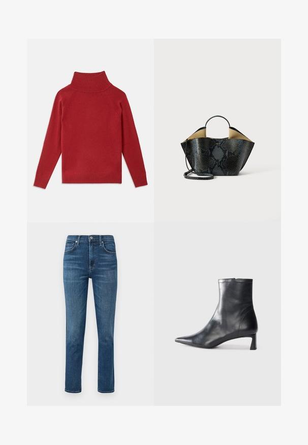 Červený rolák vyrobený z mäkkého pleteného materiálu. Má rebrovaný golier a manžety, voľný strih a bezšvové ramenné švy.; Tmavomodré džíny z denimu s rovnými nohavicami, dizajnom s piatimi vreckami a kovovým gombíkom v páse. Mierne vyblednutie a detaily prešívania.; Čierne kožené členkové topánky s špicatou špičkou a elegantným dizajnom. Majú nízky podpätok a zips na zadnej strane. Hladká textúra.; Kabelka s vzorom hadej kože v čiernej a šedej farbe, so štruktúrovaným dizajnom, dvojitými uchami a nastaviteľným ramenným popruhom. Obsahuje béžový interiér.