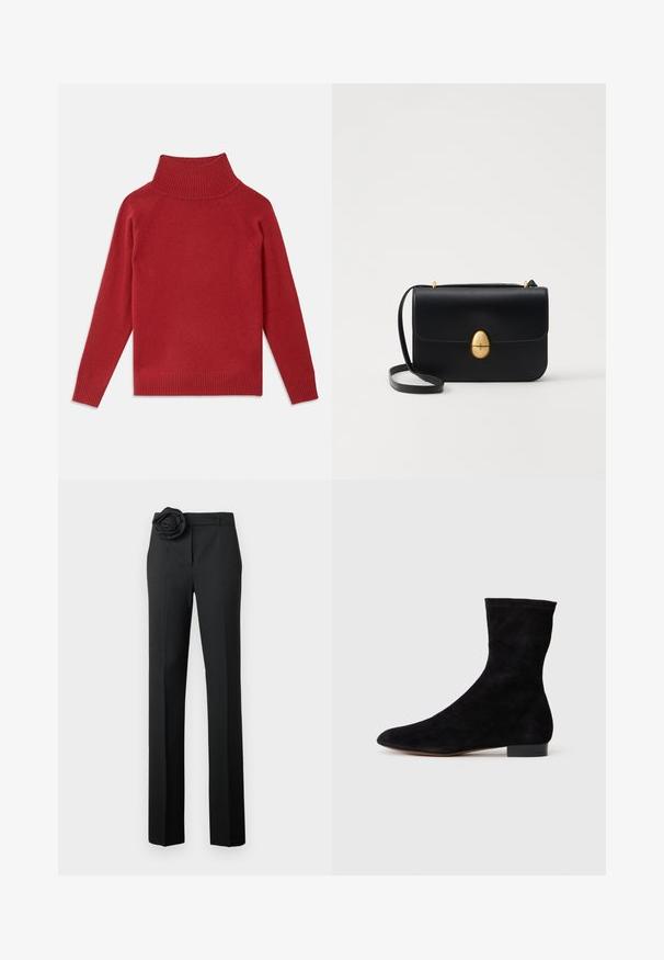 Sweater vermelho de gola alta feito de um suave tecido de malha. Apresenta colarinho e punhos canelados, com um corte descontraído e ombros sem costura.; Calças pretas com um corte ajustado, apresentando um detalhe de rosa em tecido na cintura, pernas retas e uma textura suave.; Bota de tornozelo em camurça preta com cano ajustado, bico fino e salto bloco baixo. Textura suave e design minimalista, adequada para estilos versáteis.; Bolsa de mão em couro preto com uma forma rectangular estruturada. Apresenta um fecho oval dourado e uma alça para o ombro fina. Textura suave.