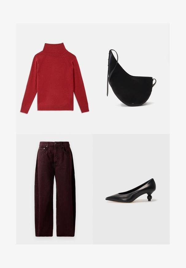 Suéter rojo de cuello alto hecho de un suave tejido de punto. Presenta un cuello y puños acanalados, con un corte relajado y hombros sin costuras.; Vaqueros de pierna ancha burdeos en denim de algodón, con cintura alta, bolsillos frontales y costuras visibles. Diseño clásico de cinco bolsillos.; Zapato de tacón alto de cuero negro con puntera afilada y un tacón redondeado y abombado. Textura suave con un diseño elegante y minimalista.; Bolso de mano de piel negra con forma de luna curva, que presenta una correa delgada y un sutil logo dorado en la parte frontal. Textura suave con herrajes mínimos.