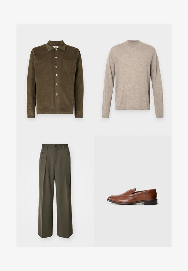 Világos bézs színű, hosszú ujjú pulóver, kerek nyakkivágással, puha anyagból készült, laza fazonnal és finom textúrával. Minták vagy díszítések nélkül.; Olívazöld kordbársony ing, állógallérral, teljes gombolású elülső résszel, hosszú ujjal és mellzsebbel. Texturált anyag, függőleges bordákkal.; Filippa K WIDE TROUSERS - Nadrágok - driftwood; Barna bőr loaferek lekerekített orral, minimális varrással és alacsony blokk sarkú kialakítással. Díszítő pánt található a felsőrészen.