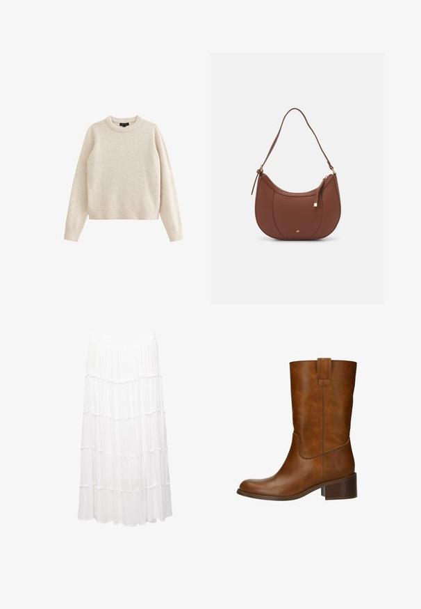 Cremefarbener Strickpullover mit rundem Halsausschnitt und langen Ärmeln. Mit gerippten Bündchen und Saum, aus einem weichen, strukturierten Stoff.; Weiße, gestufte Rock aus leichtem Stoff, mit einem dehnbaren Bund, Rüschenschichten und einem fließenden Design, das bis zur Mitte der Wade reicht.; Braune Lederstiefelette mit rundem Zehenbereich, niedrigem Blockabsatz und seitlicher Naht. Sie verfügt über einen vertikalen Schnallenakzent auf der Rückseite.; Braune Kunstleder-Schultertasche mit geschwungener Form, minimaler Naht und goldfarbener Hardware-Akzent. Verfügt über einen oberen Reißverschluss und einen verstellbaren Trageriemen.