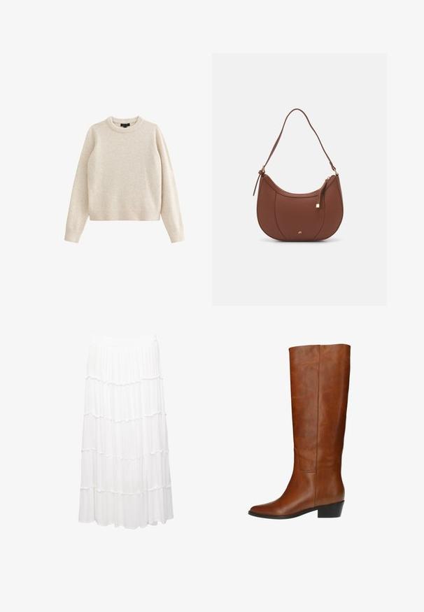 Crème-kleurige gebreide trui met een ronde halslijn en lange mouwen. Voorzien van ribgebreide boorden en zoom, gemaakt van een zachte, gestructureerde stof.; Witte gestapelde rok van lichtgewicht stof, met een rekbare tailleband, ruches en een vloeiende ontwerp dat tot halverwege de kuit reikt.; Kniehoge, bruin leren laarzen met een gladde textuur, puntige neus en lage blokhak. Verticale naden voor structuur, minimale details.; Bruine faux leren schoudertas met een gebogen vorm, minimale stiksels en een gouden hardware-accent. Voorzien van een bovenste ritsluiting en een verstelbare schouderband.