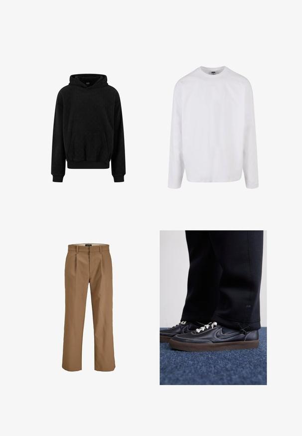 Černá mikina s kapucí vyrobená z texturované tkaniny, se klokankou a náplety na rukávech a lemu. Jednoduchý, ležérní design.; Bílý bavlněný tričko s dlouhým rukávem, kulatým výstřihem, pohodlným střihem a bez viditelných vzorů nebo akcentů. Hladký povrch.; Hnědé kalhoty vyrobené z hladkého materiálu, s rovný střih, s plísněmi vpředu a poutek na opasek. Bez viditelných vzorů nebo akcentů.; Nike Sportswear KILLSHOT 2 LTR PRM OPP2 - Tenisky - black sail baroque brown mtlc dk grey