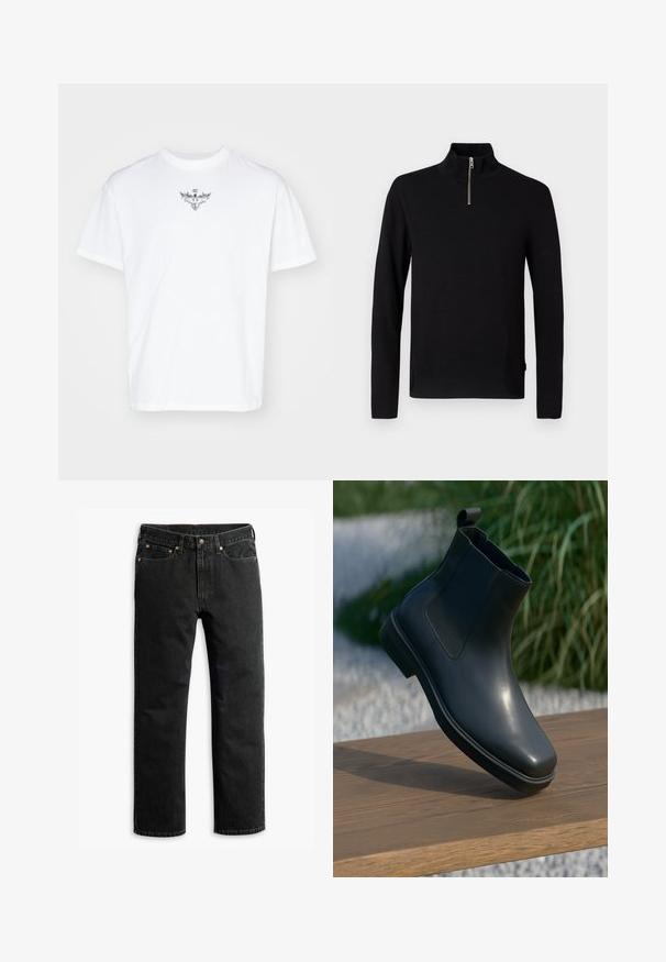 Pull noir à manches longues avec un col haut et une courte fermeture éclair argentée au centre devant.; T-shirt en coton blanc avec un col rond, coupe ample, et un design graphique argenté représentant des ailes au niveau de la poitrine.; Jean en denim noir à jambe droite avec cinq poches, passants de ceinture et fermeture par bouton à la taille, disposé à plat sur un fond blanc.; Bottine en cuir noir avec une surface lisse, des côtés élastiques et une languette de tirage boucle, posée sur une surface en bois avec un arrière-plan flou.