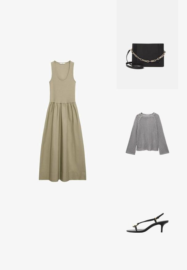 Pulover gri tricotat, cu un design lejer, cu țesătură deschisă, guler rotund și mâneci lungi care se lărgesc la capete. Material texturat pe toată suprafața.; Rochie maxi verde măsliniu fără mâneci, confecționată dintr-un material moale, cu un corset ajustat și o fustă plisată, având un design fluid.; Sandal cu toc kitten din piele neagră, cu curele subțiri, cataramă aurie și buclă minimalistă pentru degetele de la picioare, pe un fundal alb.; Geantă de umăr din piele neagră, cu o textură netedă, formă rectangulară și un detaliu din lanț metalic în față. Include curea reglabilă.