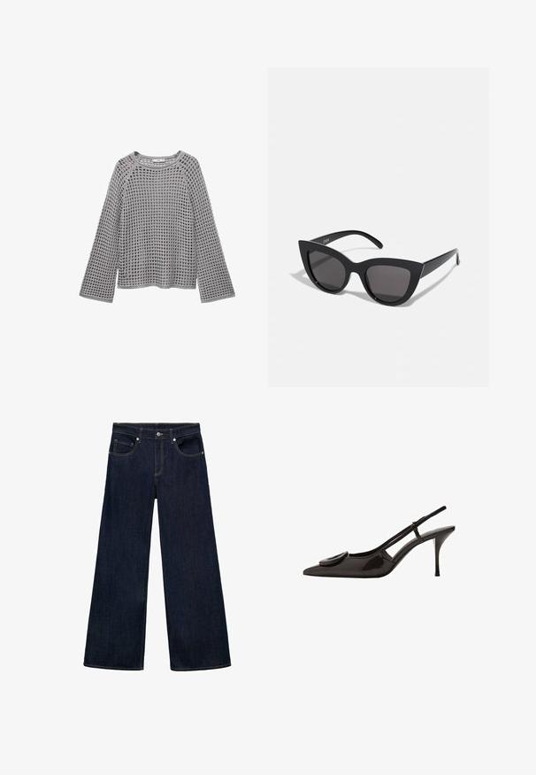 Suéter gris de punto con un diseño suelto y de tejido abierto, cuello redondo y mangas largas que se ensanchan al final. Tejido texturizado en toda su extensión.; Vaqueros de mezclilla de color azul oscuro, de pierna ancha y con cintura alta, que presentan cinco bolsillos, cierre de botón metálico y costuras visibles.; Zapato de charol negro tipo slingback con punta afilada, diseño minimalista, pequeño acento circular en el empeine y tacón esbelto.; Gafas de sol negras en forma de ojo de gato con un acabado mate, que presentan lentes ahumados grises, ángulos pronunciados y brazos laterales elegantes. Nombre de la marca visible en el interior del brazo.; Bolso tote de cuero negro con un asa curva, forma triangular alargada y textura suave. Presenta un diseño minimalista sin herrajes visibles.