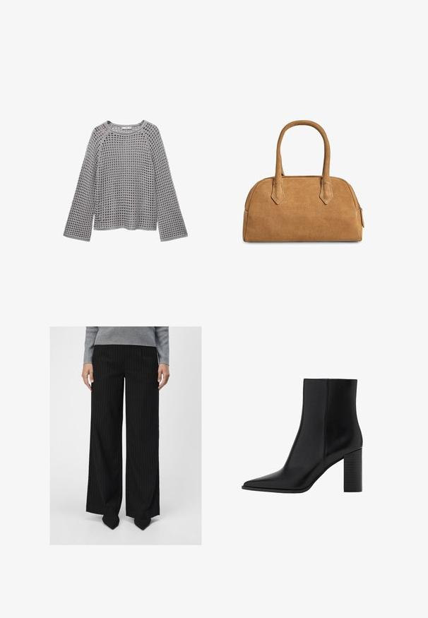 Pull en tricot gris avec un design à mailles lâches et ouvertes, encolure ronde, et manches longues qui s'évasent aux extrémités. Tissu texturé dans l'ensemble.; Object OBJLISA WIDE - Pantalon classique - black; Botte chelsea en cuir noir avec un bout pointu, un talon carré, une texture lisse et des détails de couture le long des coutures. Les talons mesurent environ 8,9 cm.; Sac à main en suède beige avec une forme structurée, doté de deux poignées et découpes triangulaires, avec une fermeture éclair sur le dessus.