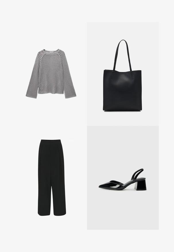 Grauer Strickpullover mit lockerem, offenem Webdesign, Rundhalsausschnitt und langen Ärmeln, die an den Enden ausfransen. Texturierte Stoffoberfläche.; Schwarze weite Hosen mit einem Bund, ausgestattet mit zwei vorderen Falten und einem glatten, nicht strukturierten Stoff. Keine sichtbaren Taschen oder Verzierungen.; Schwarze Lackleder-Slingback-High Heels mit spitzem Schuh und einem geometrischen Blockabsatz. Verfügt über ein schlankes, minimalistisches Design und eine glatte Textur.; Schwarze Laptoptasche aus Leder mit glatter Textur, rechteckiger Form und zwei langen Griffen. Keine sichtbaren Beschläge oder Verzierungen.