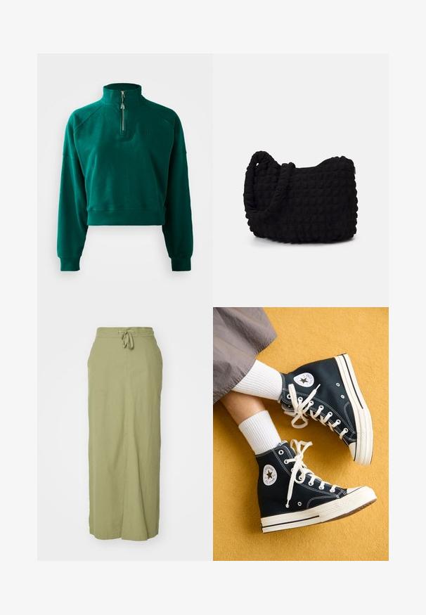 Tumsē zaļš īss krekls ar pus-izjaukšanas apkakli, ribotām piedurknēm un mīkstu tekstūru. Izšūts logo uz krūtīm.; Olīvu zaļa lina maksi svārki ar auklu jostasvietā, taisna silueta, sānu kabatām un gludu tekstūru.; Melnas augstpēdu kanvas sporta kedas ar baltām auklām un gumijas zolemi, ar apaļu Converse All Star logo ārējā pusē.; Melnas auduma soma ar strukturētu, quiltotu rakstu. Apaļa forma, īsas, resnas rokturi un mīksta, elastīga konstrukcija.