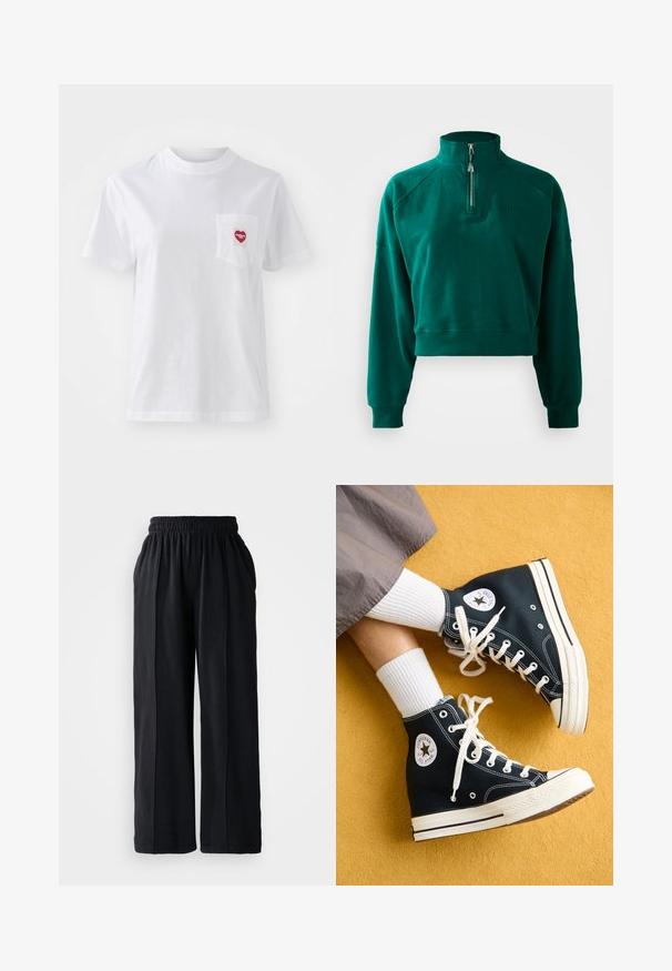Tumsē zaļš īss krekls ar pus-izjaukšanas apkakli, ribotām piedurknēm un mīkstu tekstūru. Izšūts logo uz krūtīm.; Baltas īsām piedurknēm T-krekls, izgatavots no kokvilnas, ar mazu sarkanu sirds formas kabatas dizainu, kurā ir teksts "Carhartt WIP". Gluda tekstūra.; Melnas platās bikses ar elastīgu jostu, izgatavotas no mīksta auduma, ar gludu faktūru un skaidrām dizaina līnijām.; Melnas augstpēdu kanvas sporta kedas ar baltām auklām un gumijas zolemi, ar apaļu Converse All Star logo ārējā pusē.