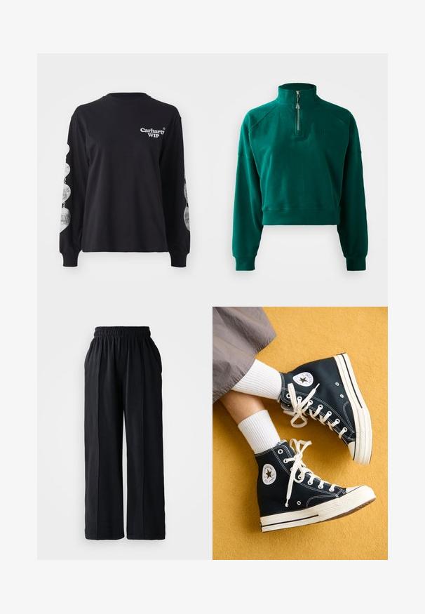 Korte sweatshirt in donkergroen, met een halve ritssluiting, geribbelde manchetten en een zachte textuur. Geborduurd logo op de borst.; Zwarte langarm T-shirt gemaakt van katoen, met het "Carhartt WIP" logo op de voorkant en grafische prints langs de mouwen.; Zwarte wijde broek met een elastische tailleband, gemaakt van zachte stof, met een gladde textuur en een strak design.; Zwarte canvas hoge sneakers met witte veters en rubberen zolen, met een ronde Converse All Star-logo aan de buitenzijde.