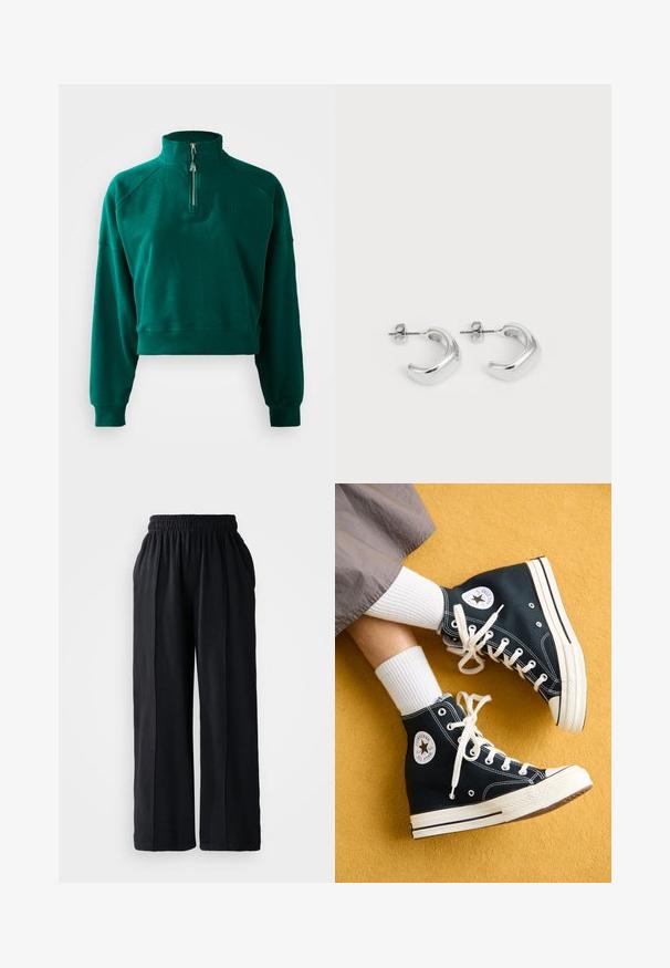 Sweatshirt court en vert foncé, avec un col à demi-zip, des manches à côtes et une texture douce. Logo brodé sur la poitrine.; Pantalons larges noirs avec une taille élastique, fabriqués à partir d'un tissu doux, présentant une texture lisse et des lignes de design épurées.; Des baskets montantes en toile noires avec des lacets blancs et des semelles en caoutchouc, présentant un logo rond Converse All Star sur le côté extérieur.; Boucles d'oreilles en argent en forme de hoops avec une finition lisse et polie. Forme ronde avec un design légèrement courbé et des bords fondus. Fermeture à pin.
