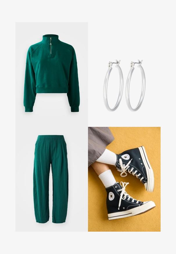 Kratka kapuca v temno zeleni barvi, z ovratnikom na pol zadrgo, rebrastimi manšetami in mehko teksturo. Izšiti logotip na prsih.; GAP WIDE LEG EASY PANT GAUZE - Hlače - rain forest; Črne visokotopne platnene teniske z belimi vezalkami in gumijastimi podplati, ki imajo okroglo Converse All Star oznako na zunanji strani.; Srebrni obroči za ušesa z gladko, polirano površino. Okrogla oblika in varna zaponka s klikom. Lahka zasnova, primerna za vsakodnevno nošenje.