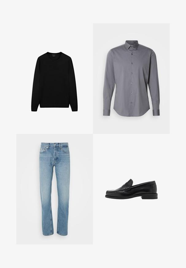 Svart långärmad tröja med rund halsringning. Tillverkad av mjukt tyg och har en klassisk passform med ribbade muddar och fåll. Ingen mönster eller dekorationer.; Grå långärmad skjorta med knappar, gjord av mjuk bomull. Har en klassisk krage och rundad nederkant med sex mörka knappar fram.; Ljusblå denimjeans med rak ben-design, fem fickor och en knappdragkedjans stängning. Har subtila blekningar och sydda detaljer.; Svarta läderloafers med en slät finish, sömnadsdetaljer på tån och en låg klackdesign för komfort och stil.