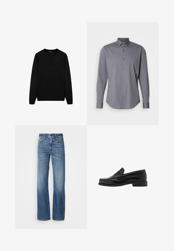 Černý svetr s dlouhým rukávem akulatým výstřihem. Vyrobený z měkké látky, s klasickým střihem a žebrovanými manžetami a lemem. Bez vzorů nebo akcentů.; Šedá košile s dlouhým rukávem na knoflíky vyrobená z hladké bavlny. Má klasický límec a zaoblený lem s šesti tmavými knoflíky vpředu.; Modré džíny z denimu s rovnou nohavicí, vysokým pasem a jemným vyblednutím. Obsahují zapínání na knoflík a zip, a klasický pětikapsový design.; Černé kožené mokasíny s hladkým povrchem, prošíváním na špičce a nízkým podpatkem pro komfort a styl.