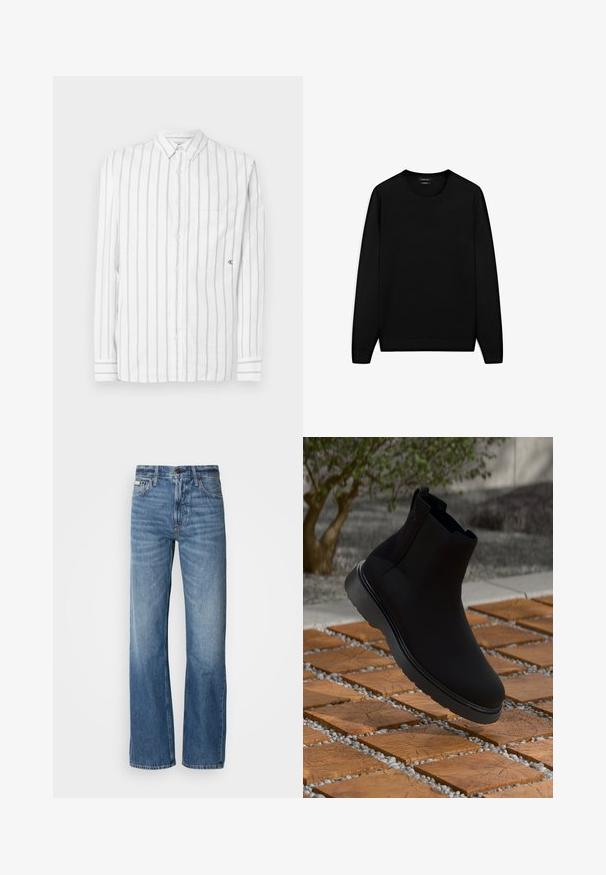 Černý svetr s dlouhým rukávem akulatým výstřihem. Vyrobený z měkké látky, s klasickým střihem a žebrovanými manžetami a lemem. Bez vzorů nebo akcentů.; Bílá košile s dlouhým rukávem s tenkými šedými svislými pruhy, límeček s knoflíky, jedna kapsa na hrudi a logo CK na kapse.; Modré džíny z denimu s rovnou nohavicí, vysokým pasem a jemným vyblednutím. Obsahují zapínání na knoflík a zip, a klasický pětikapsový design.; Černé kotníkové boty vyrobené z hladkého materiálu s jemným prošíváním, gumovou podrážkou a elegantním designem, umístěné na povrchu s dřevěnou texturou.
