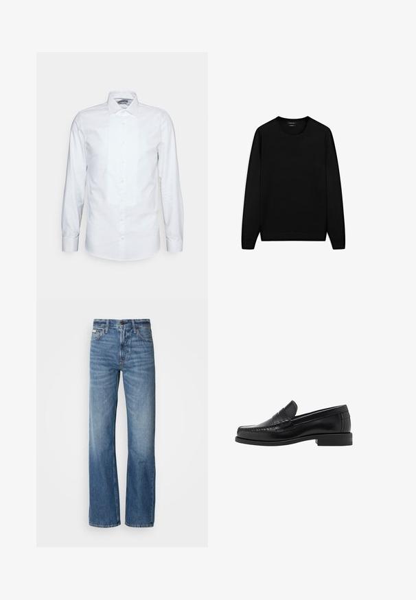 Maglione nero a maniche lunghe con scollatura tonda. Realizzato in tessuto morbido, presenta una vestibilità classica e polsini e orlo a costine. Senza motivi o decorazioni.; Camicia bianca a maniche lunghe in cotone. Presenta un fronte plissettato, colletto a punta e chiusura con bottoni classica.Texture liscia e vestibilità su misura.; Jeans in denim blu con una vestibilità a gamba dritta, vita alta e un leggero sbiadimento. Dotati di chiusura con bottone e zip e design classico a cinque tasche.; Mocassini in pelle nera con una finitura liscia, dettagli cuciti sulla punta e un design a tacco basso per comfort e stile.