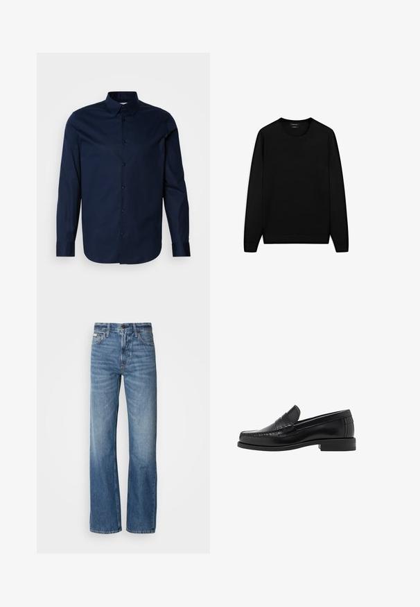 Svart långärmad tröja med rund halsringning. Tillverkad av mjukt tyg och har en klassisk passform med ribbade muddar och fåll. Ingen mönster eller dekorationer.; Mörkblå långärmad skjorta tillverkad av slätt tyg, med knappframsida, spetsig krage och manschetter med en diskret logotyp på bröstet.; Blå denimjeans med rak benmodell, hög midja och subtila blekningar. Inkluderar knapp- och dragkedjestängning samt klassisk femfickorsdesign.; Svarta läderloafers med en slät finish, sömnadsdetaljer på tån och en låg klackdesign för komfort och stil.