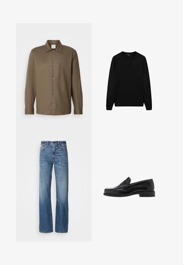 Czarny sweter z długim rękawem i okrągłym dekoltem. Wykonany z miękkiego materiału, o klasycznym kroju z ribbowanymi mankietami i dołem. Bez wzorów ani akcentów.; Brązowa koszula zapinana na guziki z kołnierzykiem, długimi rękawami, kieszenią na piersi i gładką fakturą. Posiada szare guziki z przodu.; Niebieskie dżinsy z prostymi nogawkami, wysokim stanem i delikatnym wyblaknięciem. Zawierają zapięcie na guzik i zamek błyskawiczny oraz klasyczny pięciopocketowy design.; Czarne skórzane mokasyny o gładkim wykończeniu, ze stębnowaniem na nosie i niskim obcasem, zapewniającymi komfort i styl.