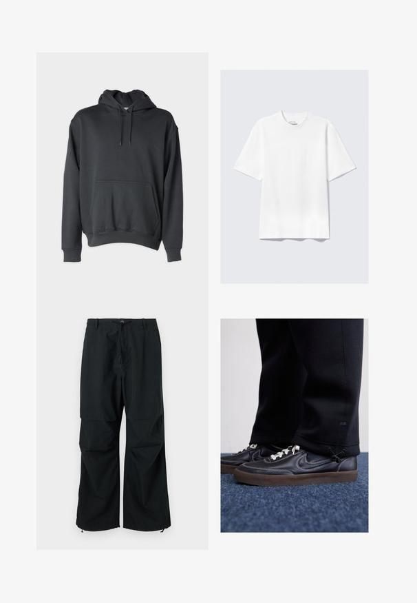 Dark gray hoodie made of soft fabric, featuring a front pocket, drawstrings at the hood, and ribbed cuffs and hem.; Plain white short-sleeve relaxed-fit T-shirt laid flat on light gray background.; Black, wide-legged trousers featuring a drawstring waist and elastic hems. Made of lightweight, textured fabric. Simple design.; Nike Sportswear KILLSHOT 2 LTR PRM OPP2 - Trainers - black sail baroque brown mtlc dk grey
