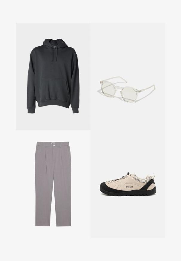 Dark gray hoodie made of soft fabric, featuring a front pocket, drawstrings at the hood, and ribbed cuffs and hem.; Grey tailored trousers with a straight cut, featuring two front pockets, pleats, and a button closure. Made from lightweight fabric.; Beige suede shoe with black rubber toe cap and sole, featuring a lace-up design and breathable mesh accents on the heel.; Round sunglasses with a transparent frame, light green lenses, and thin, clear temples. Features subtle hardware accents on the frame.