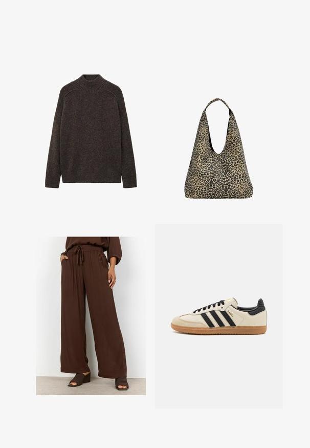 Bruine, gebreide trui met een hoge nek, drop shoulders en een relaxed fit. Zachte textuur en ribbeldetails bij de halslijn en schouders.; Beige kant camisole-top met een v-hals, voorzien van gegolfde randen en een bloempatroon. Zachte textuur met verfijnde details.; Soyaconcept SC-RUTH PANT 1 - Broek - coffee; Beige sportieve schoen met zwarte strepen, gumrubberen zool en zwarte accenten. Beschikt over een gladleren bovenkant en een ronde neusdesign.; PULL&BEAR Shopper - mottled dark brown