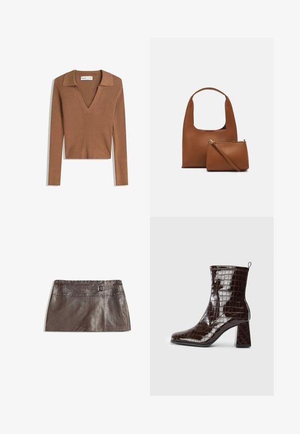 Brauner gerippter Langarm-Crop-Pullover mit tiefem V-Ausschnitt und Kragen, aus leichtem Strickstoff gefertigt.; Brauner Leder-Minirock mit einem genagelten Bund und einem Gürtelschlaufen mit Schnalle, glatter Textur und schlankem, geradem Design.; Dunkelbraune Lackleder-Ankle Boots mit Krokodillederstruktur, Blockabsatz und Zuglasche hinten vor weißem Hintergrund.; Braune synthetische Handtasche mit einem geschwungenen Griff und einer glatten Textur. Enthält ein passendes kleines Täschchen mit Reißverschluss. Minimalistisches Design.
