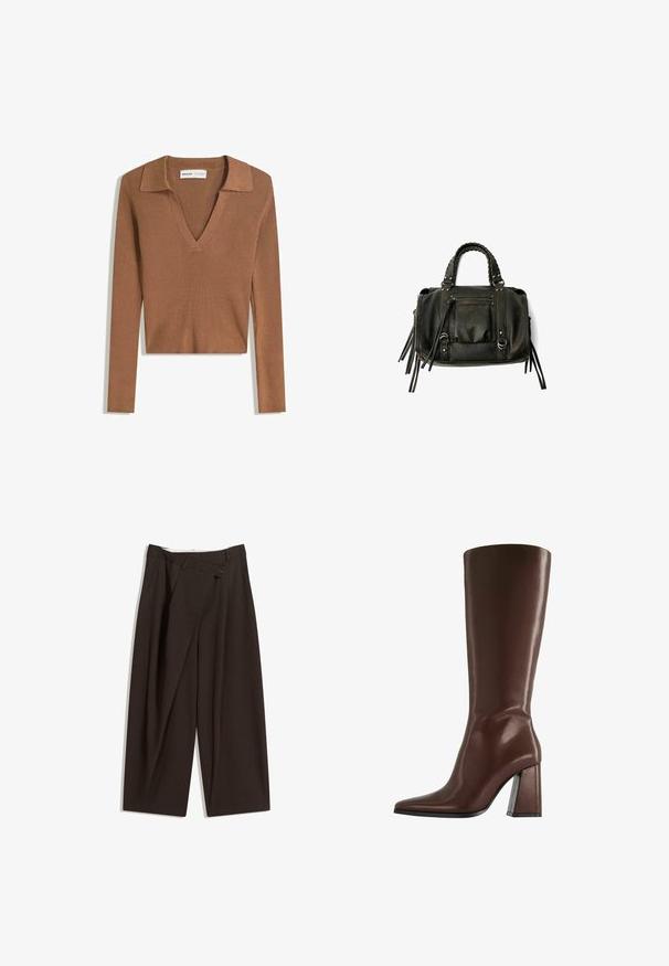 Pulover scurt, cu mânecă lungă, ribbed, de culoare maro, cu decolteu adânc în V și guler, realizat dintr-un material tricotat ușor.; Pantaloni largi de culoare maron închis, cu talie înaltă, având închiere cu un singur nasture și un față pliată. Confectionați dintr-un material ușor.; Cizme maro din piele, până la genunchi, cu vârf ascuțit și toc gros de înălțime medie, prezentate în profil lateral pe fundal alb.; Geantă din piele neagră, cu mânere împletite, buzunar cu fermoar și ciucuri suspendați. Suprafață texturată cu capse metalice și accente din metal.