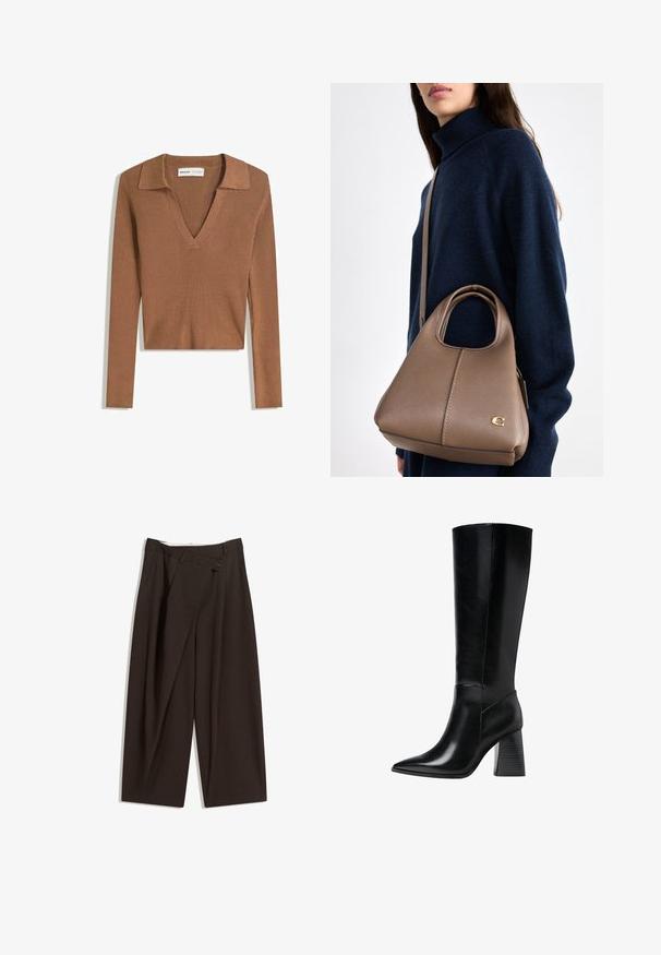 Brauner gerippter Langarm-Crop-Pullover mit tiefem V-Ausschnitt und Kragen, aus leichtem Strickstoff gefertigt.; Dunkelbraune, weite Hosen mit hohem Bund, die über einen einzigen Knopfverschluss und eine gefaltete Vorderseite verfügen. Hergestellt aus leichtem Stoff.; Knöchelhohe schwarze Lederstiefel mit spitzem Schuhkopf, glatter Textur und einem stabilen, profilierten Blockabsatz. Schlankes Design mit minimalen Akzenten.; Leder-Handtasche in Hellbraun mit strukturierter Form, einem oberen Griff, einem verstellbaren Schulterriemen und einem dezenten goldenen Logo-Akzent.